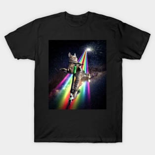 Galaxy Space Cat On Scooter Rainbow T-Shirt